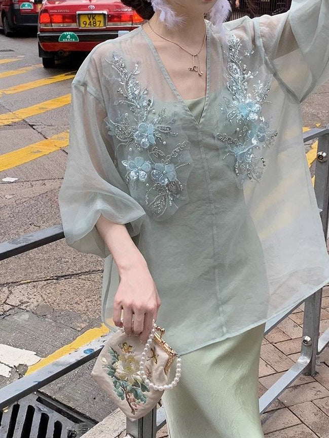 2025 Spot fir mint, new Chinese dress set Zen sunscreen tulle top suspender skirt two-piece set