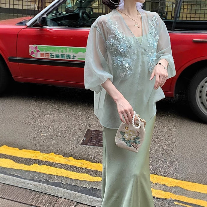 2025 Spot fir mint, new Chinese dress set Zen sunscreen tulle top suspender skirt two-piece set