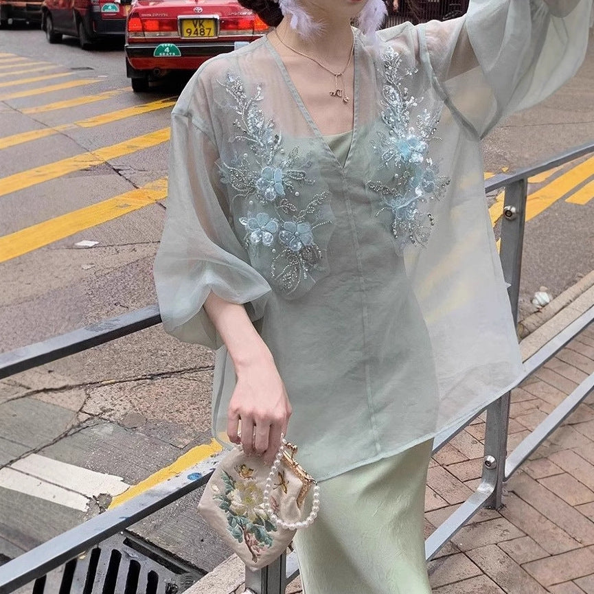 2025 Spot fir mint, new Chinese dress set Zen sunscreen tulle top suspender skirt two-piece set