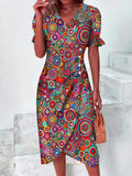 「binfenxie」Ditsy Floral Print Dress, Elegant Button Front Short Sleeve Summer Dress, Women's Clothing