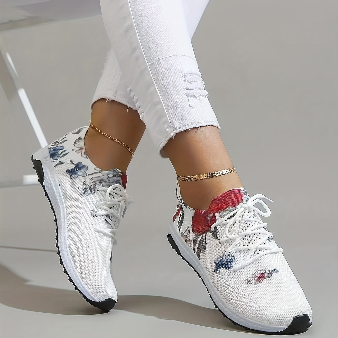 「binfenxie」Women's Floral Print Sneakers, Lightweight Low Top Lace Up Shoes, Women's Breathable Knit Shoes
