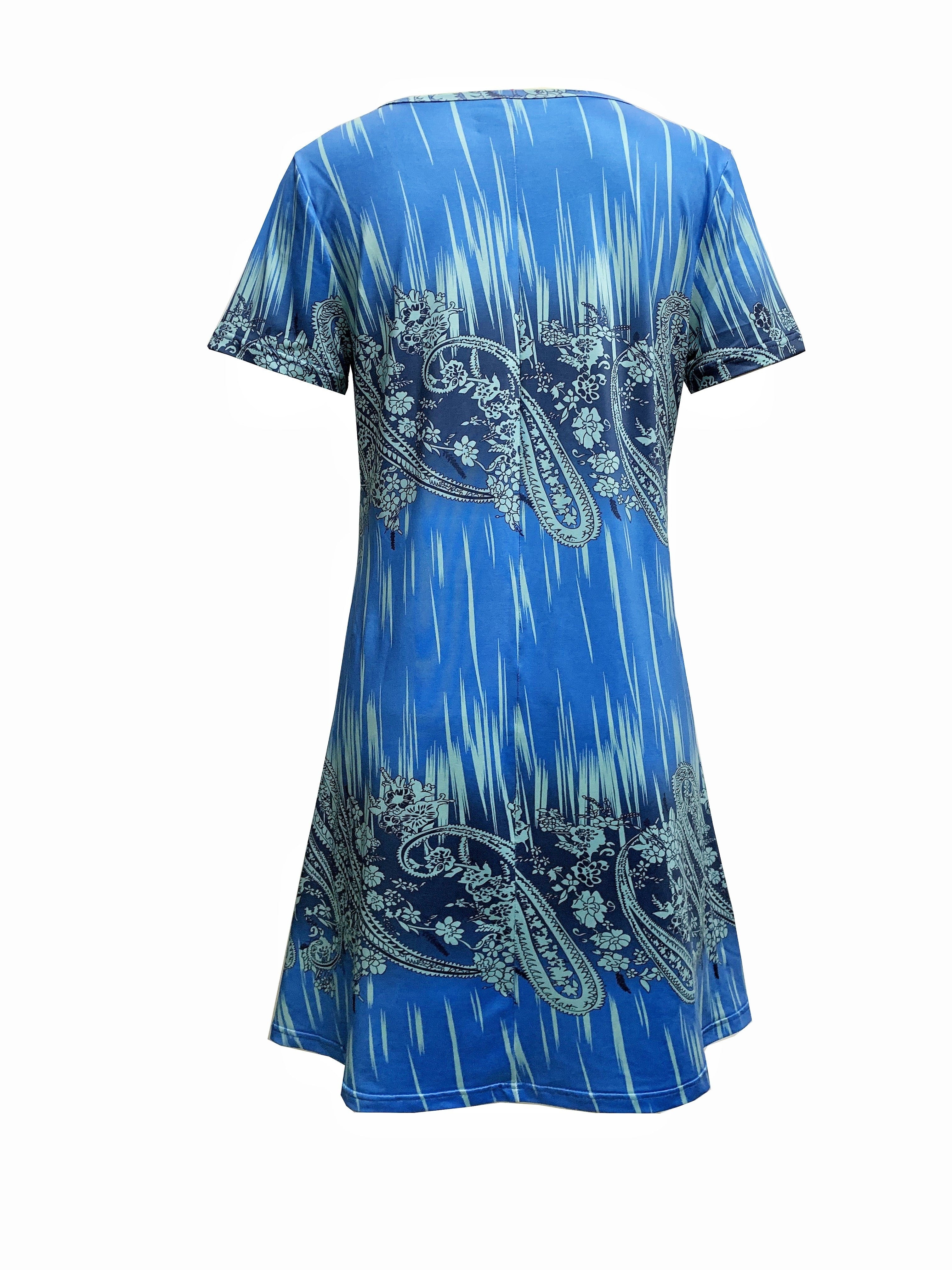 「binfenxie」Paisley Print Dress, Casual Crew Neck Short Sleeve Dress, Women's Clothing