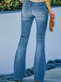 「binfenxie」Blue High Waist Flared Jeans, Single-Breasted Button Bell Bottom Slight-Stretch Denim Pants, Women's Denim Jeans & Clothing