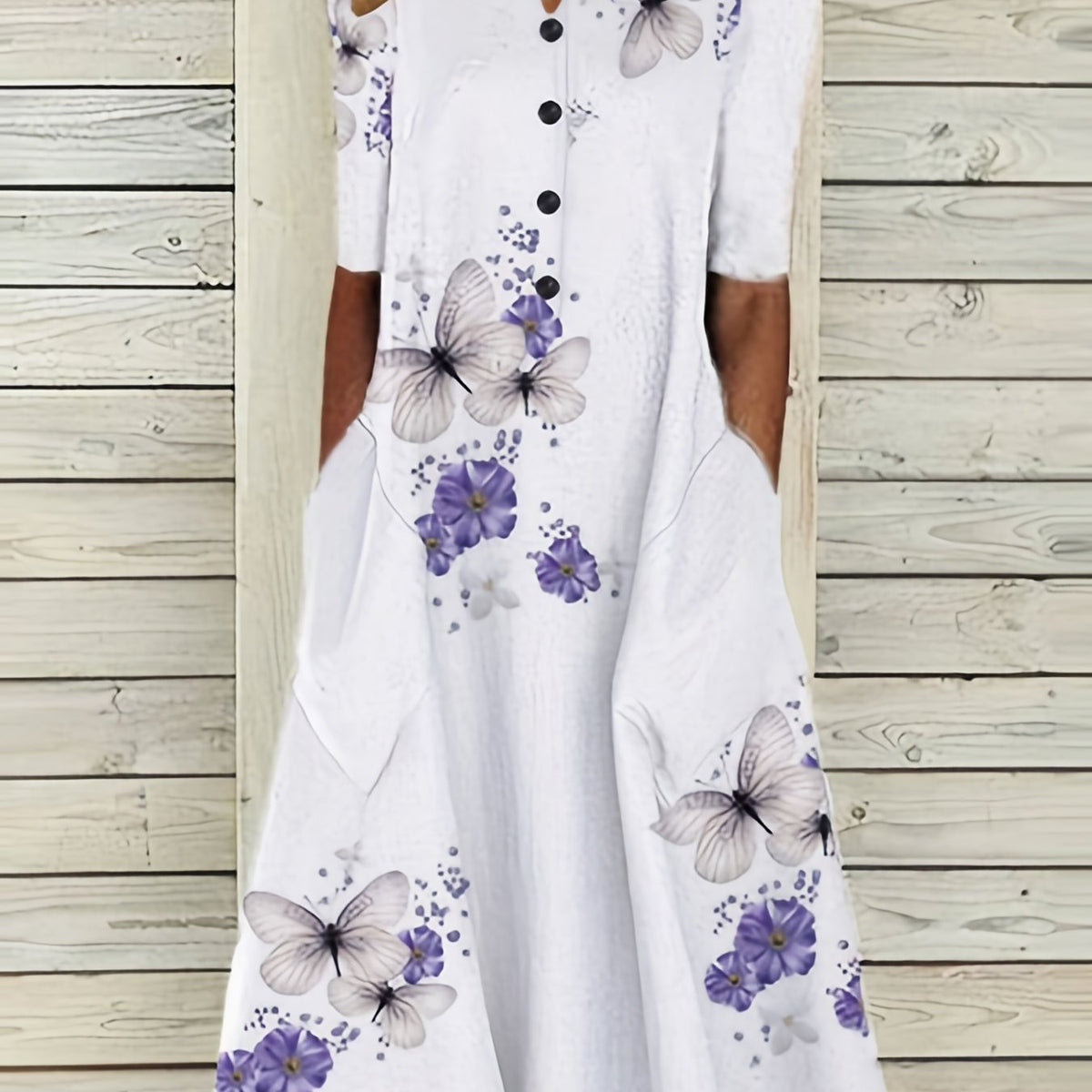 「binfenxie」Floral & Butterfly Print V Neck Dress, Casual Button Front Short Sleeve Dress For Spring & Summer, Women's Clothing