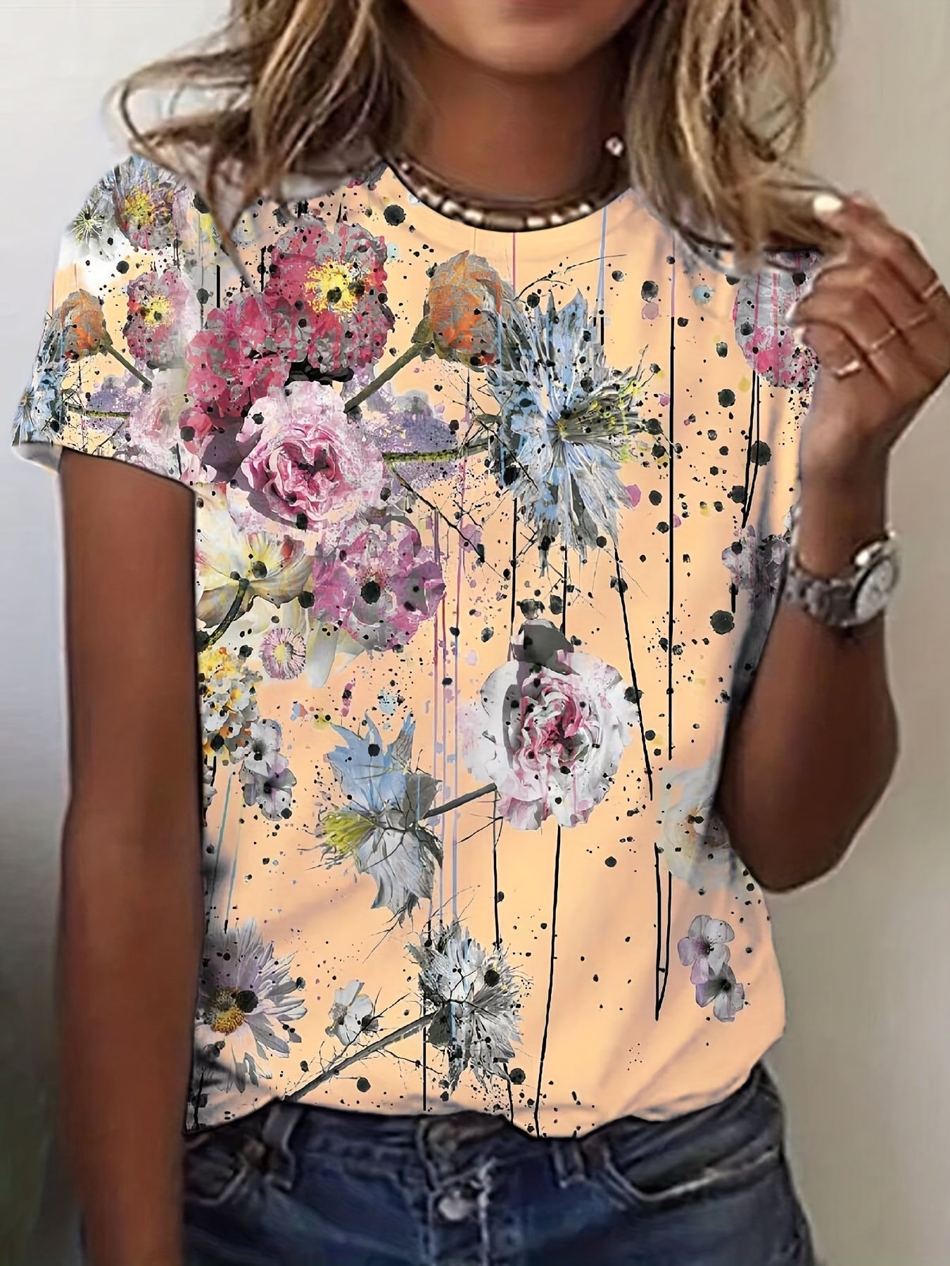 「binfenxie」Floral Print Crew Neck T-Shirt, Casual Short Sleeve T-Shirt For Spring & Summer, Women's Clothing