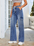 「binfenxie」Blue Flap Pockets Straight Jeans, Elastic Waist Loose Fit Casual Cargo Denim Pants, Y2K & Kpop Style, Women's Denim Jeans & Clothing