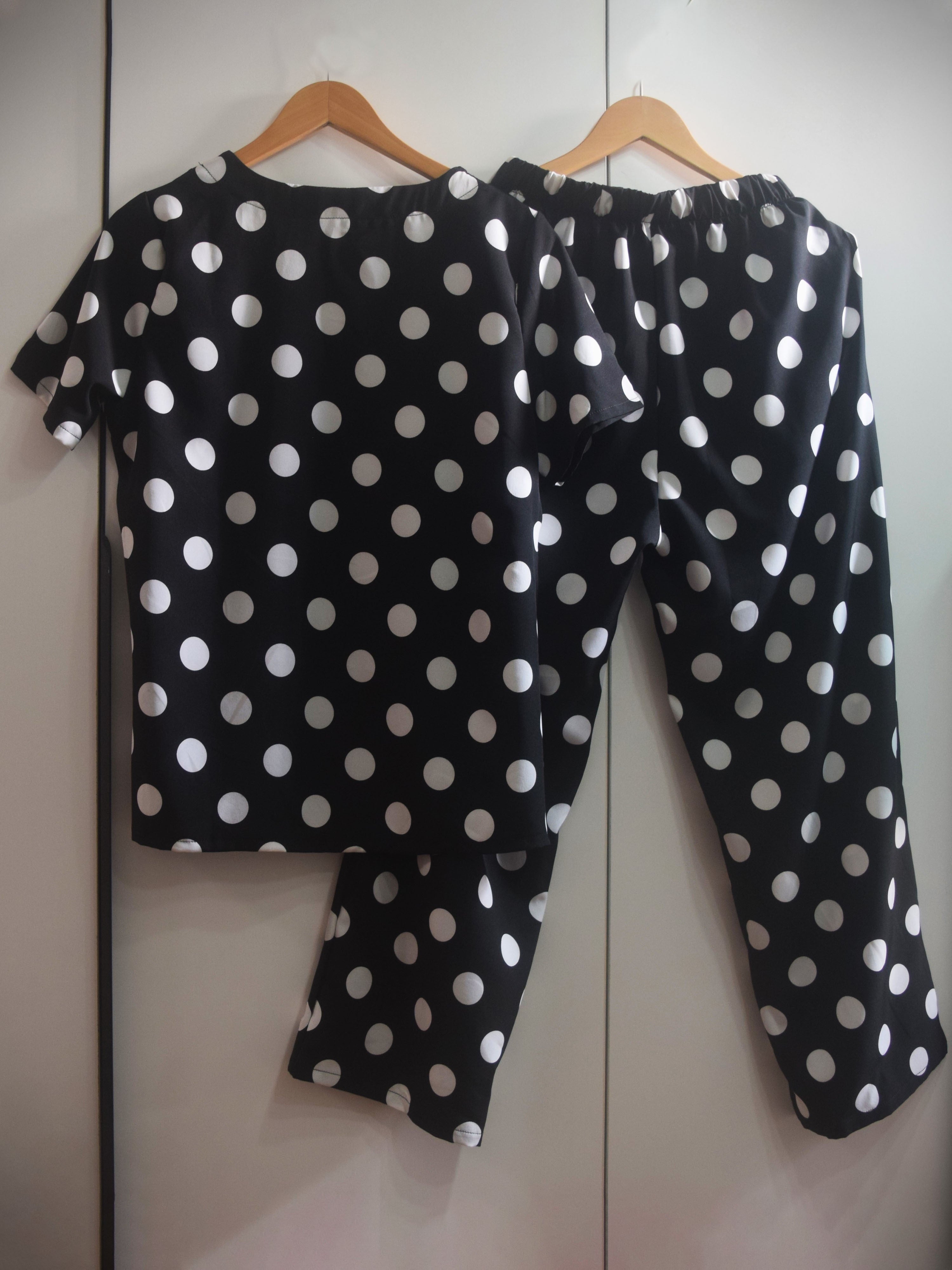 「binfenxie」Casual Polka Dot Two-piece Set, Short Sleeve T-shirt & High Waist Elastic Pants Outfits, Women's Clothing