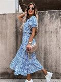 「binfenxie」Womens Summer Short Sleeve V Neck Floral Print Casual Bohemian Waist Slit Dress, Women's Clothing