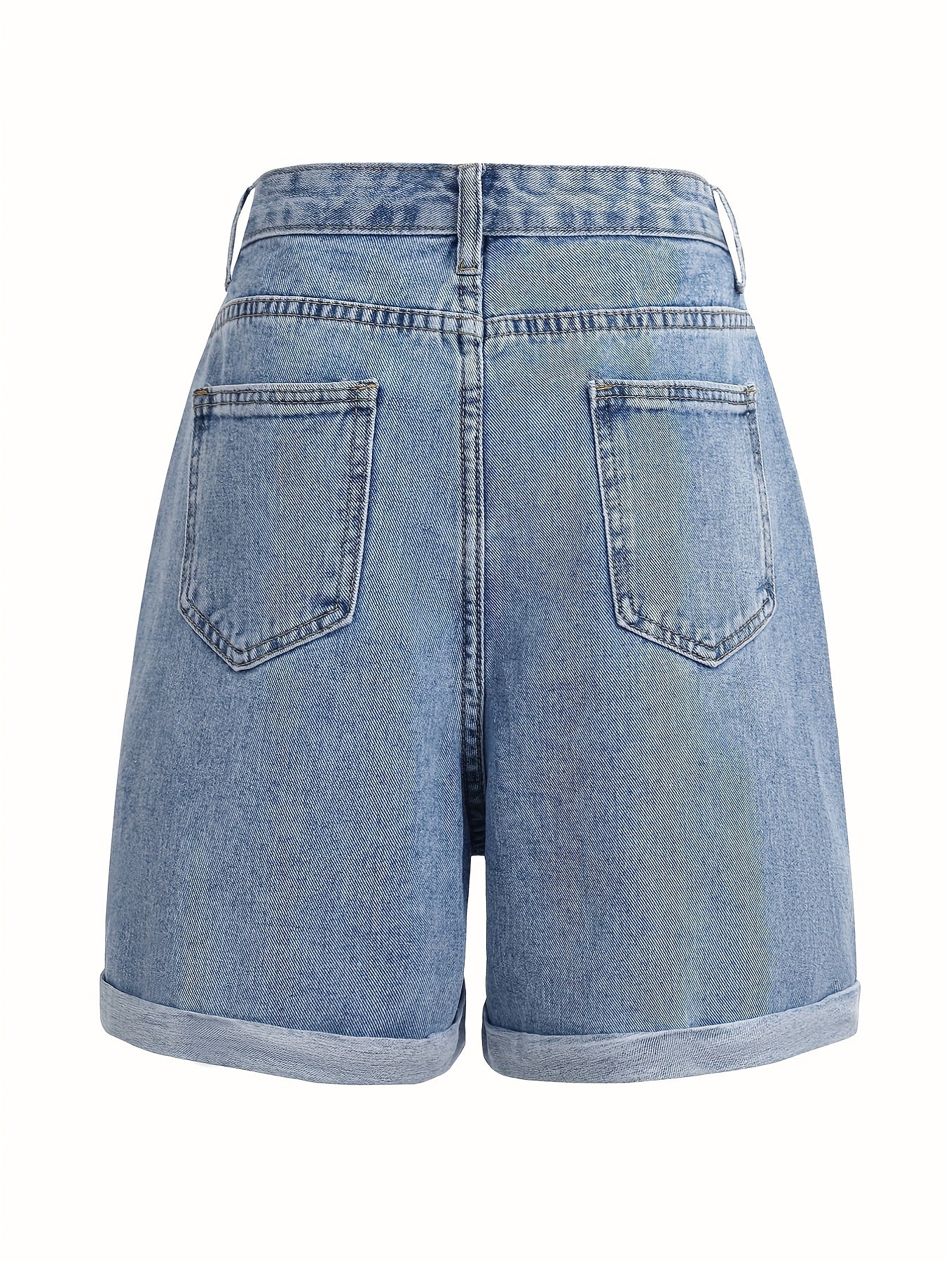 「binfenxie」Blue High Waist Short Denim Pants, Rolled Hem High Rise Slash Pockets Slim Fit Short Denim Trousers, Women's Denim Jeans & Clothing