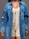 「binfenxie」Long Butt Cover Flap Pockets Distressed Fabrics Ripped Light Blue Denim Jackets, Women's Denim Jackets & Coats, Women's Clothing