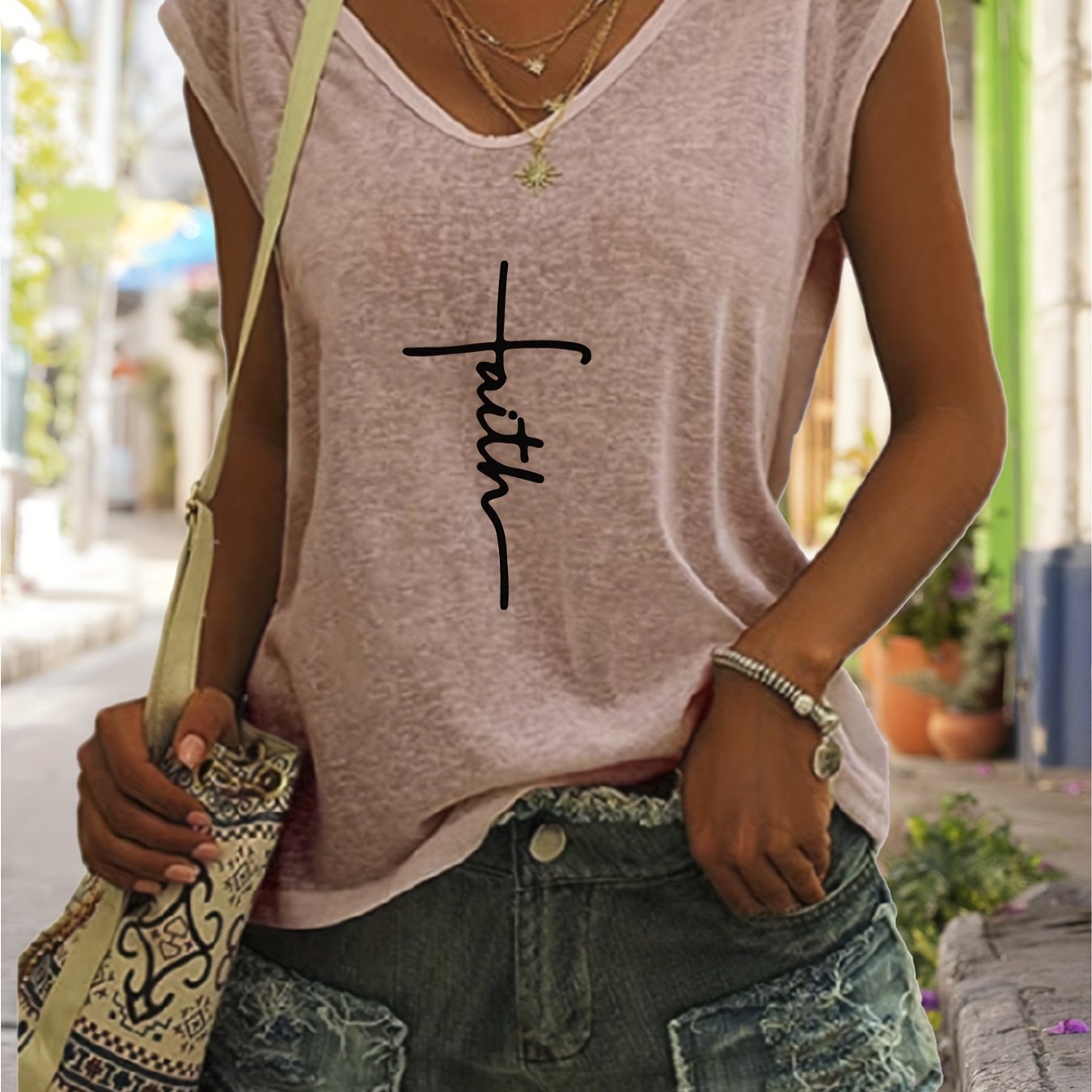 「binfenxie」Faith Letter Print Tank Top, Sleeveless V Neck Casual Top For Spring & Summer, Women's Clothing