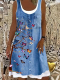 「binfenxie」Denim & Butterfly Print Dress, Casual Sleeveless Dress For Spring & Summer, Women's Clothing