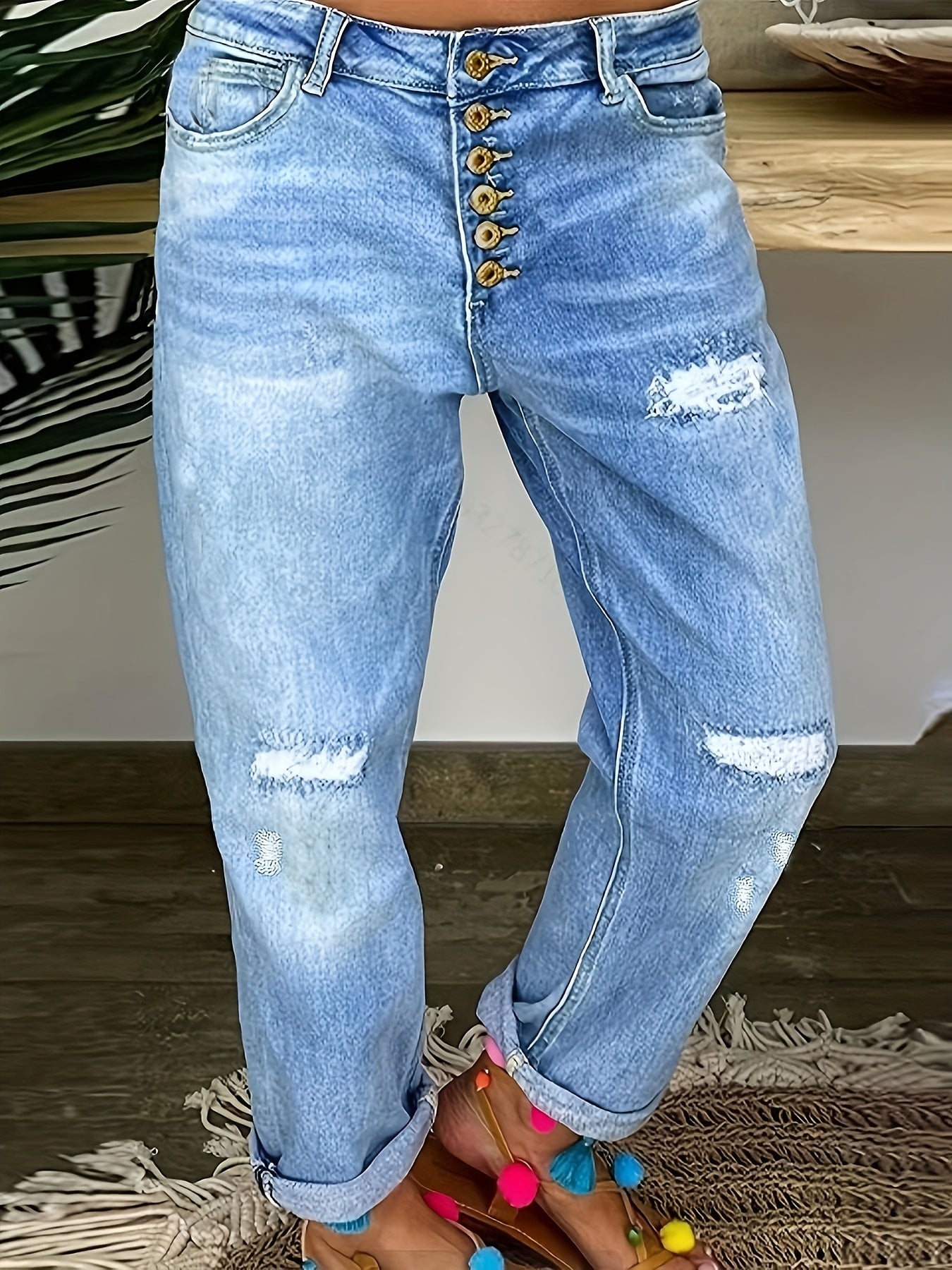 「binfenxie」Blue Ripped Holes Straight Jeans, Distressed Single-Breasted Button Loose Fit Denim Pants, Women's Denim Jeans & Clothing