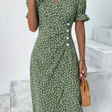 「binfenxie」Floral Print V Neck Dress, Elegant Button Front Short Sleeve Dress For Spring & Summer, Women's Clothing