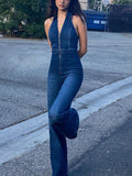 「binfenxie」Blue Front Zipper Denim Jumsuit, Sleeveless V Neck Loose Fit Wide Leg Flare Jeans Denim Overalls, Women's Denim & Clothing