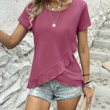 「binfenxie」Asymmetrical Ruffle Hem T-Shirt, Casual Crew Neck Short Sleeve T-Shirt For Spring & Summer, Women's Clothing