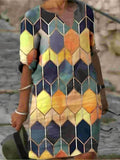 「binfenxie」Multicolor Print V-neck Long Dress, Mature Loose Crop Sleeve Waist Spring Fall Long Dresses, Women's Clothing