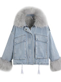 「binfenxie」Fluffy Plush Collar & Cuffs Winter Warm Fur Fleece Coat, Extra Large Square Pockets Drawstring Hem Denim Jacket, Women's Denim Jackets