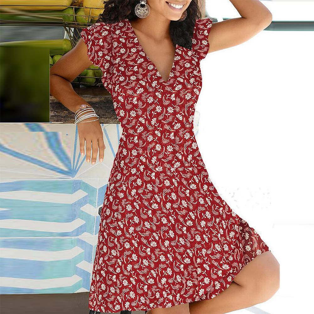 「binfenxie」Floral Print V Neck Slim Dress, Short Sleeve Casual Every Day Dress For Fall & Spring, Women's Clothing