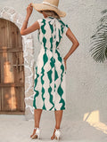 「binfenxie」Abstract Print Tie Back Dress, Vacation Mock Neck Cap Sleeve Midi Dress, Women's Clothing