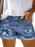「binfenxie」Blue Rolled Hem Denim Shorts, Slim Fit Ripped Floral Print Slash Pockets Short Denim Pants, Women's Denim Jeans & Clothing