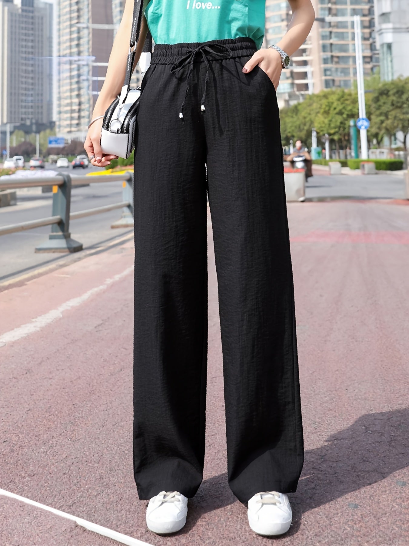 「binfenxie」Minimalist Solid Drawstring Pants, Casual Long Length Elastic Waist Wide Leg Pants, Women's Clothing