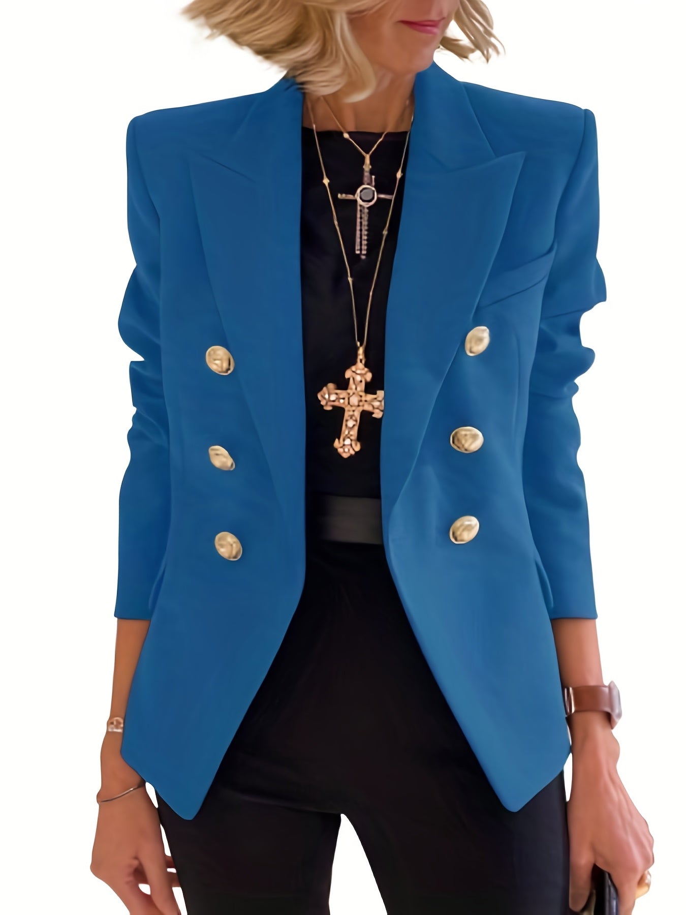 「binfenxie」Lapel Double Breasted Blazer, Elegant Long Sleeve Solid Open Front Work Office Outerwear, Women's Clothing