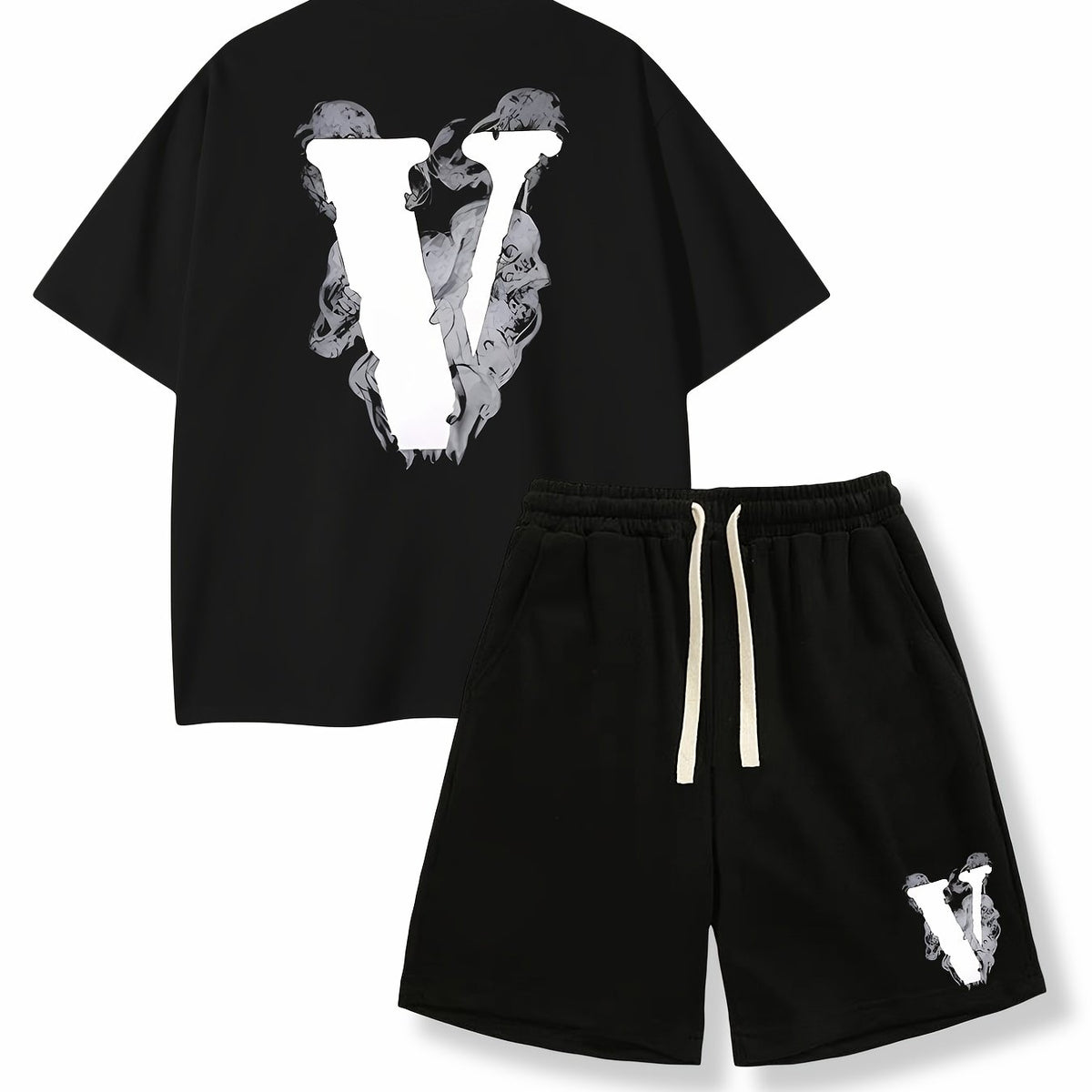 「binfenxie」Men's Crew Neck Short Sleeve T-shirt Summer Letter V Print Drawstring Shorts Two-piece Suit