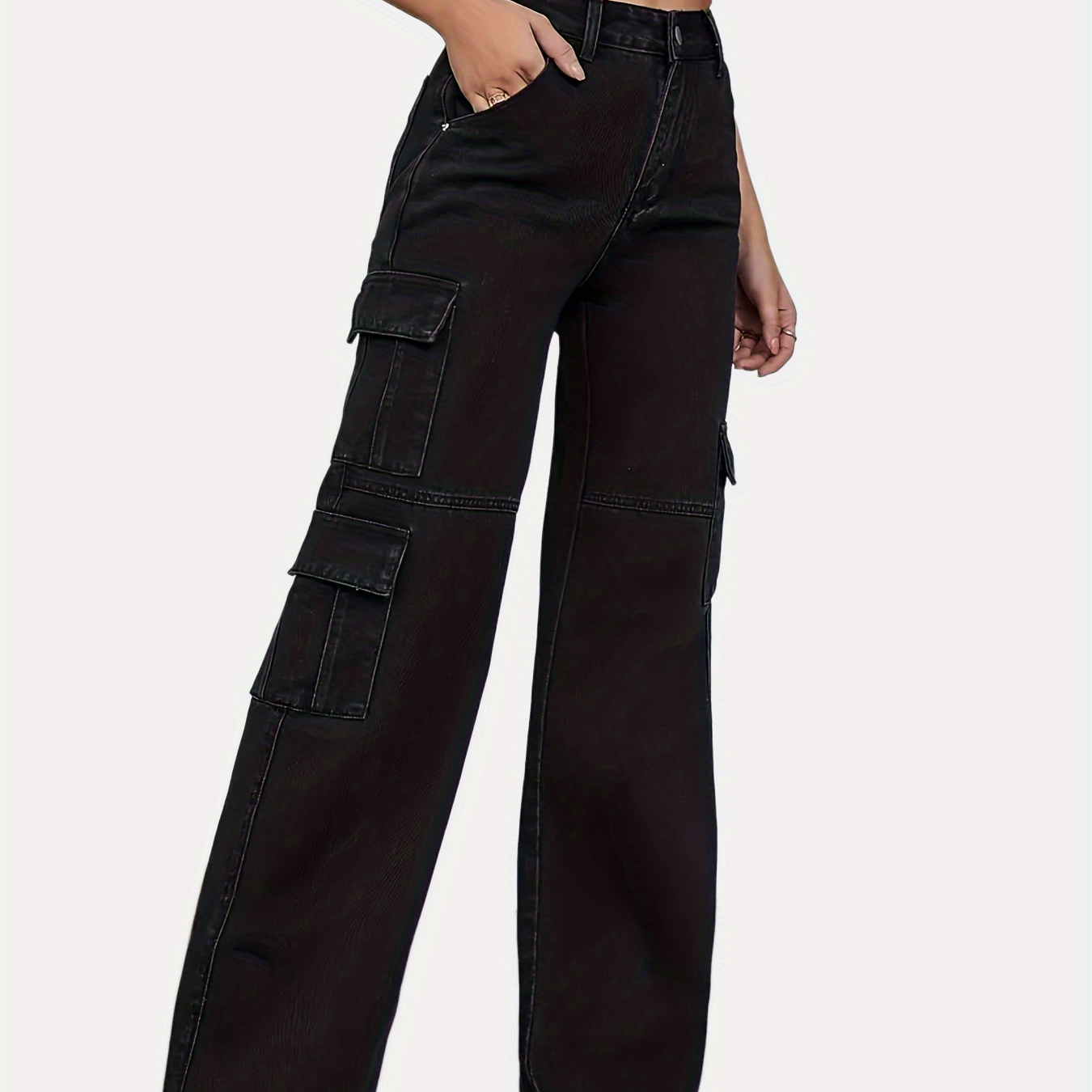 「binfenxie」Flap Side Pocket Black High Waist Denim Pants, Cargo Pocket Casual Wide Leg Jeans, Stylish & Trendy, Women's Denim Jeans & Clothing