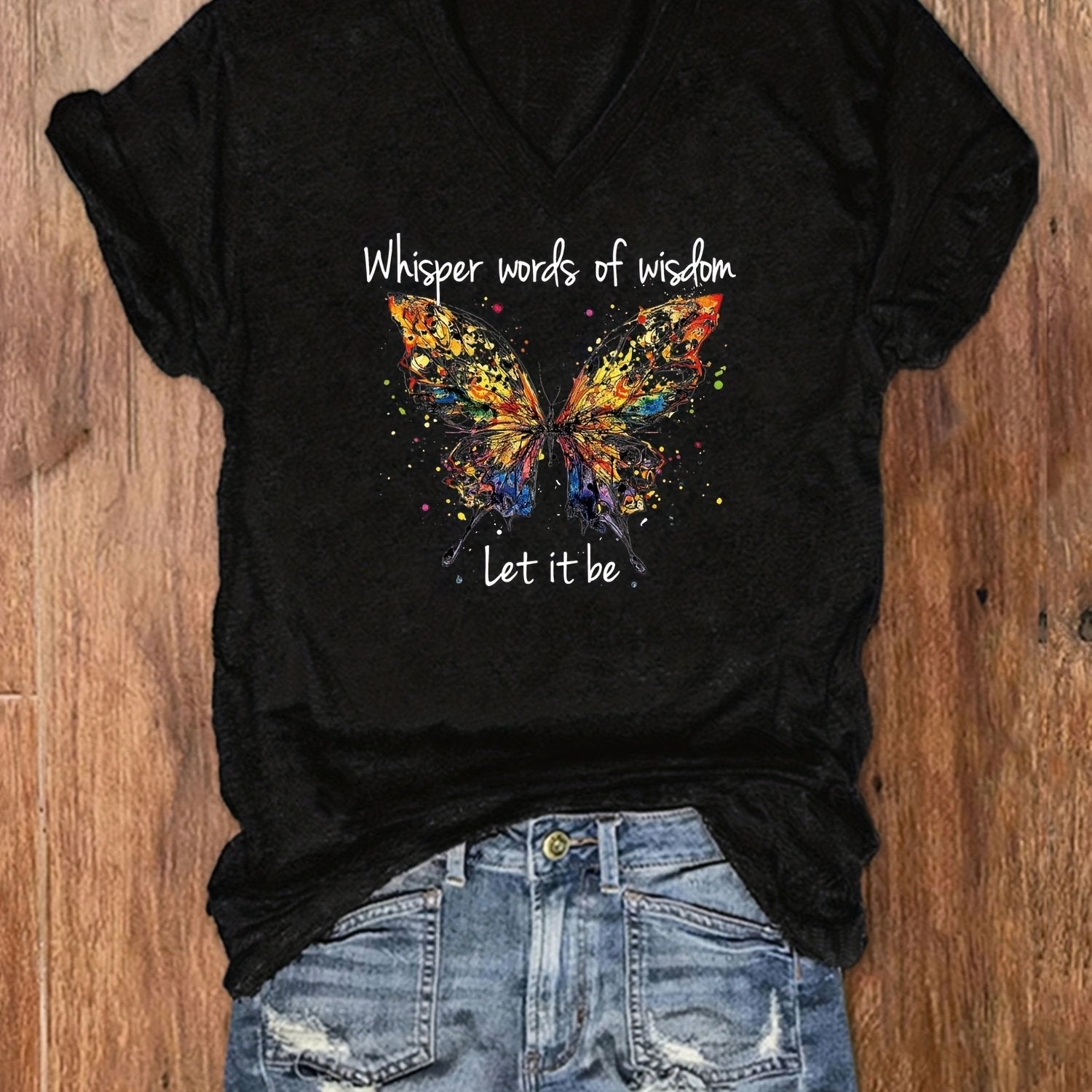 「binfenxie」Letter & Butterfly Print T-Shirt, V Neck Short Sleeve T-Shirt, Casual Every Day Tops, Women's Clothing