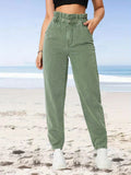 「binfenxie」Green Paperbag Waist Straight Jeans, High Waist Slim Fit High Rise Denim Pants, Women's Denim Jeans & Clothing
