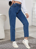 「binfenxie」Blue High Waist Straight Jeans, High Rise Slash Pockets Non-Stretch Denim Pants, Women's Denim Jeans & Clothing