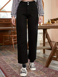 「binfenxie」Causal Solid Color Double Buttons Jeans, Slash Pockets Loose Chic Straight Leg Denim Pants,Women's Denim Jeans & Clothing