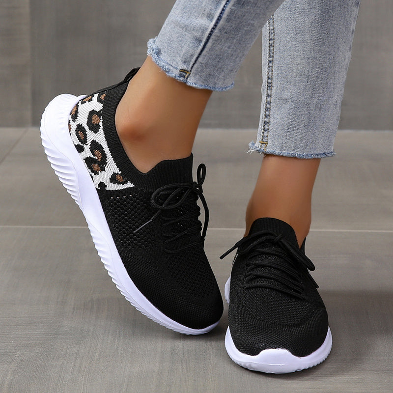 「binfenxie」Women's Casual Sneakers, Flying Woven Leopard Pattern Breathable Lace-up Running Shoes, Women's Footwear