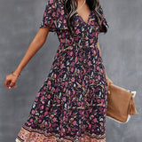 「binfenxie」Boho Floral Print V Neck Dress, Casual Short Sleeve Dress For Spring & Summer, Women's Clothing