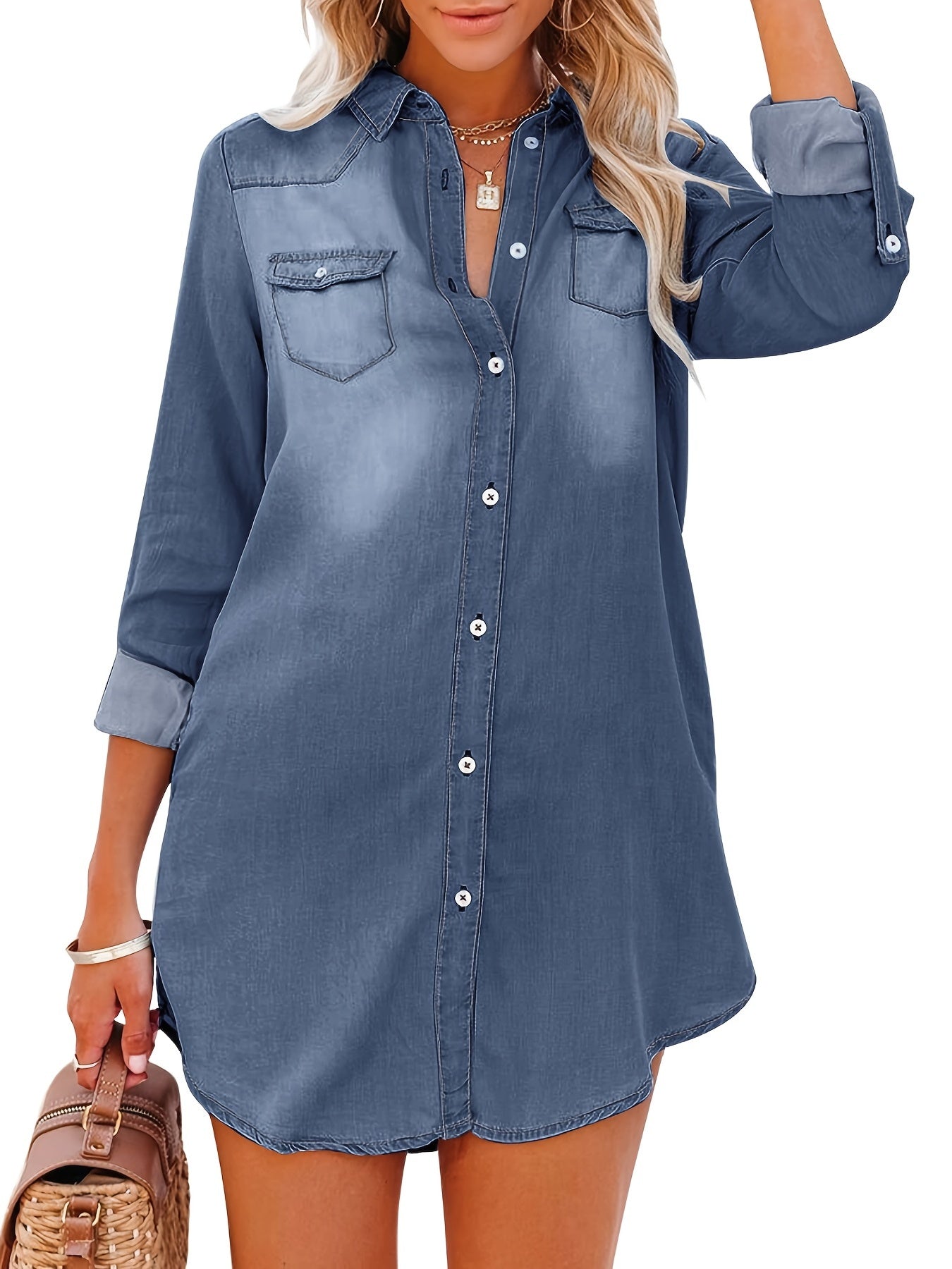 「binfenxie」Long Sleeve Denim Shirt Dresses, Casual Light Blue Lapel Button-Down Flap Pockets Denim Dresses, Women's Denim Clothing