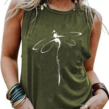 「binfenxie」Dragonfly Print Tank Top, Casual Crew Neck Sleeveless Summer Tank Top, Women's Clothing