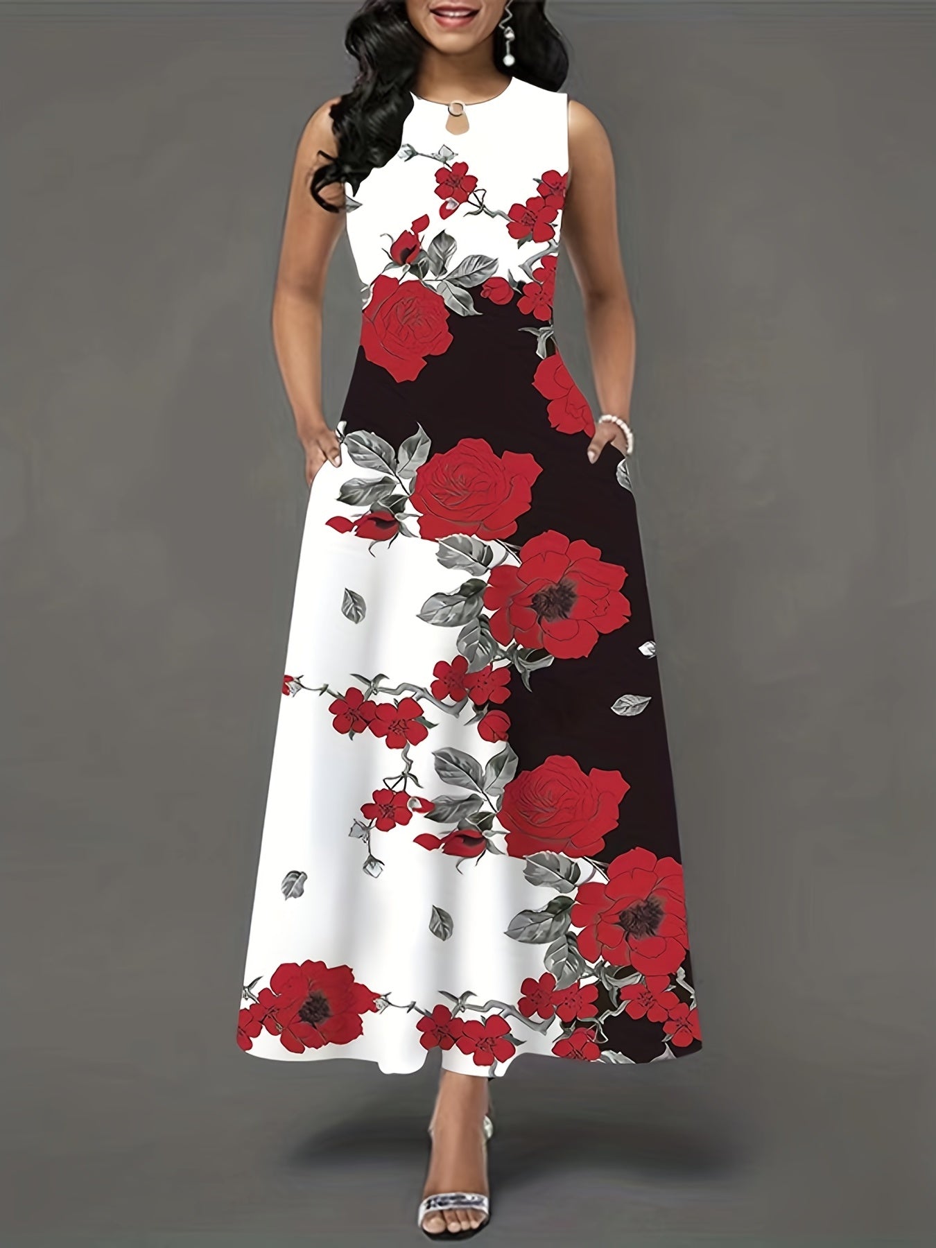 「binfenxie」Floral Print Pocket Dress, Casual Pocket Waist Summer Swing Long Dresses, Women's Clothing