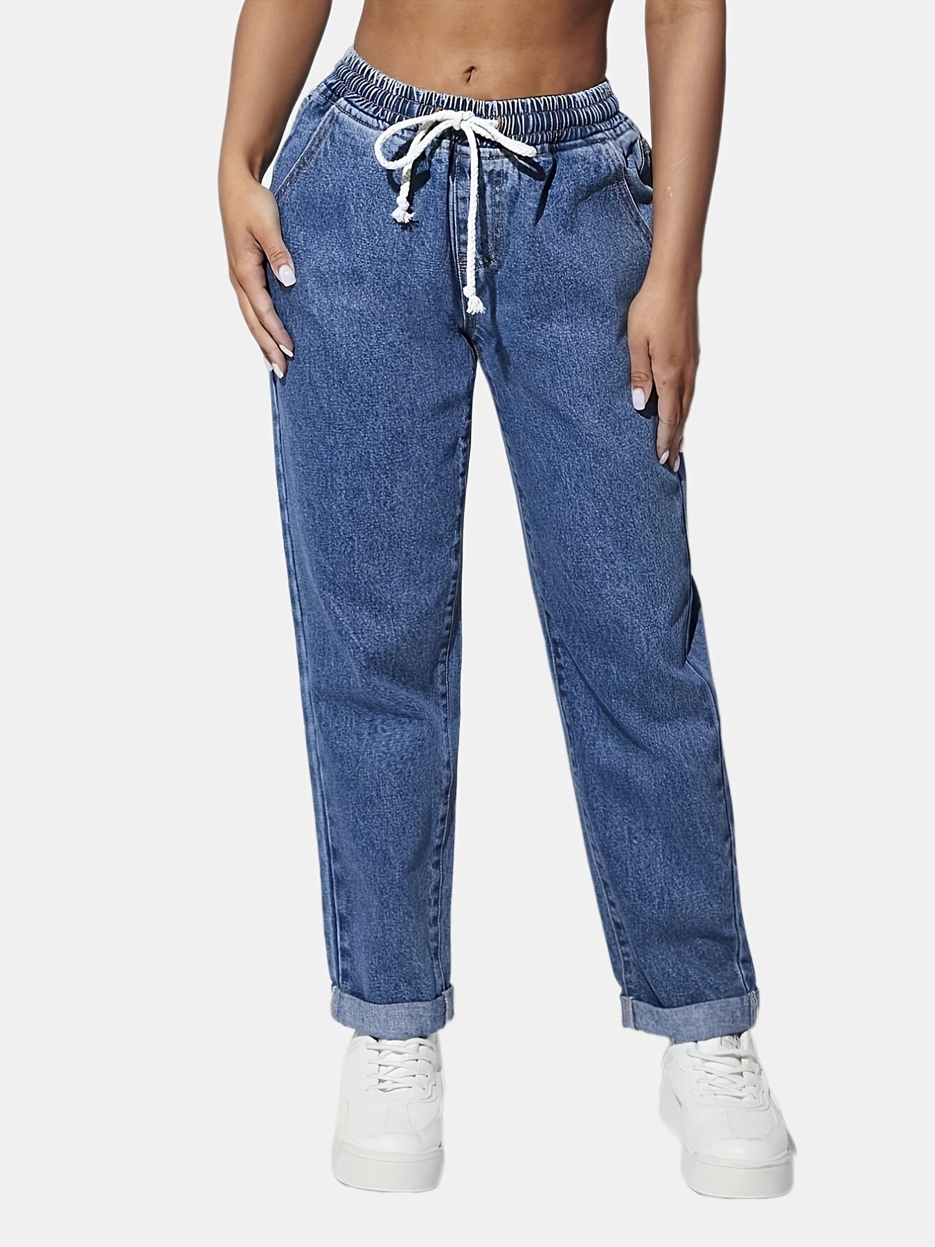 「binfenxie」Blue Elastic Waist Straight Jeans, Loose Fit Slash Pockets Drawstring Denim Pants, Women's Denim Jeans & Clothing