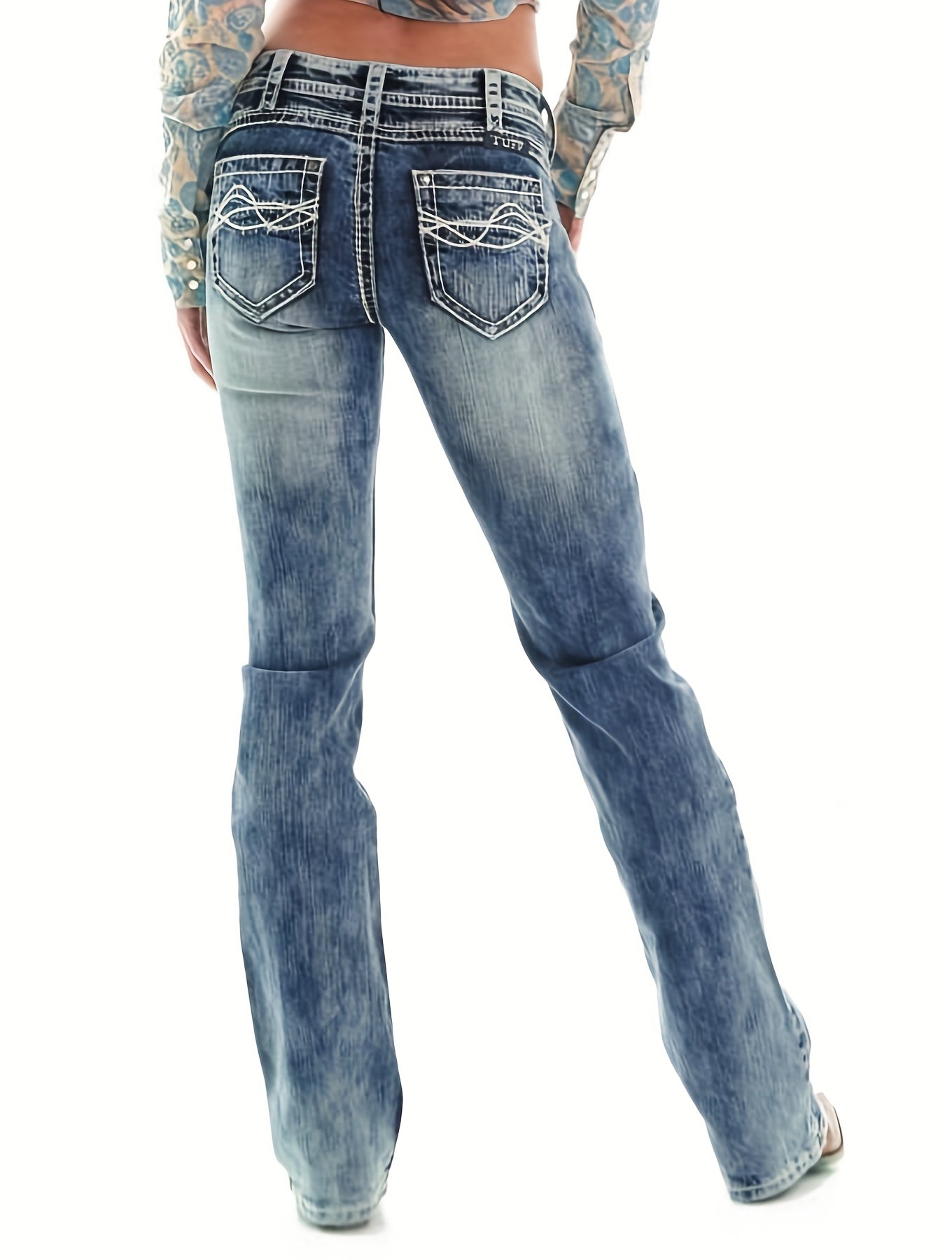「binfenxie」Ivory Top-stitching Mid Rise Boot Cut Jeans, Vintage Wash Zipper Button Closure Riding Denim Pants, Women's Denim Jeans & Clothing