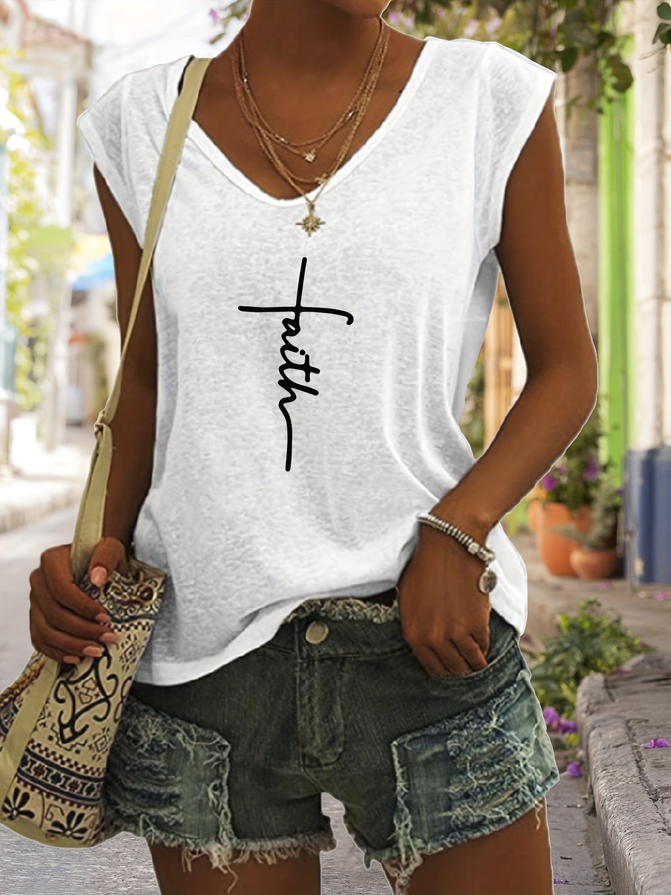 「binfenxie」Faith Letter Print Tank Top, Sleeveless V Neck Casual Top For Spring & Summer, Women's Clothing