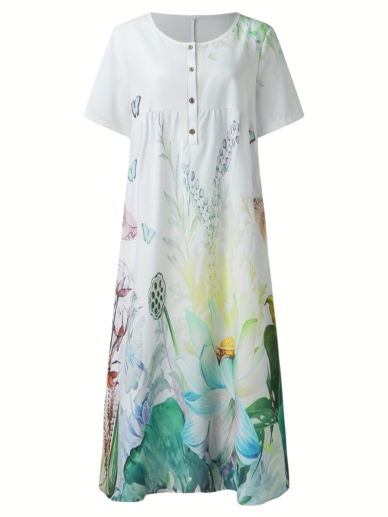 「binfenxie」Floral & Butterfly Print Button Dress, Casual Short Sleeve Dress For Spring & Summer, Women's Clothing