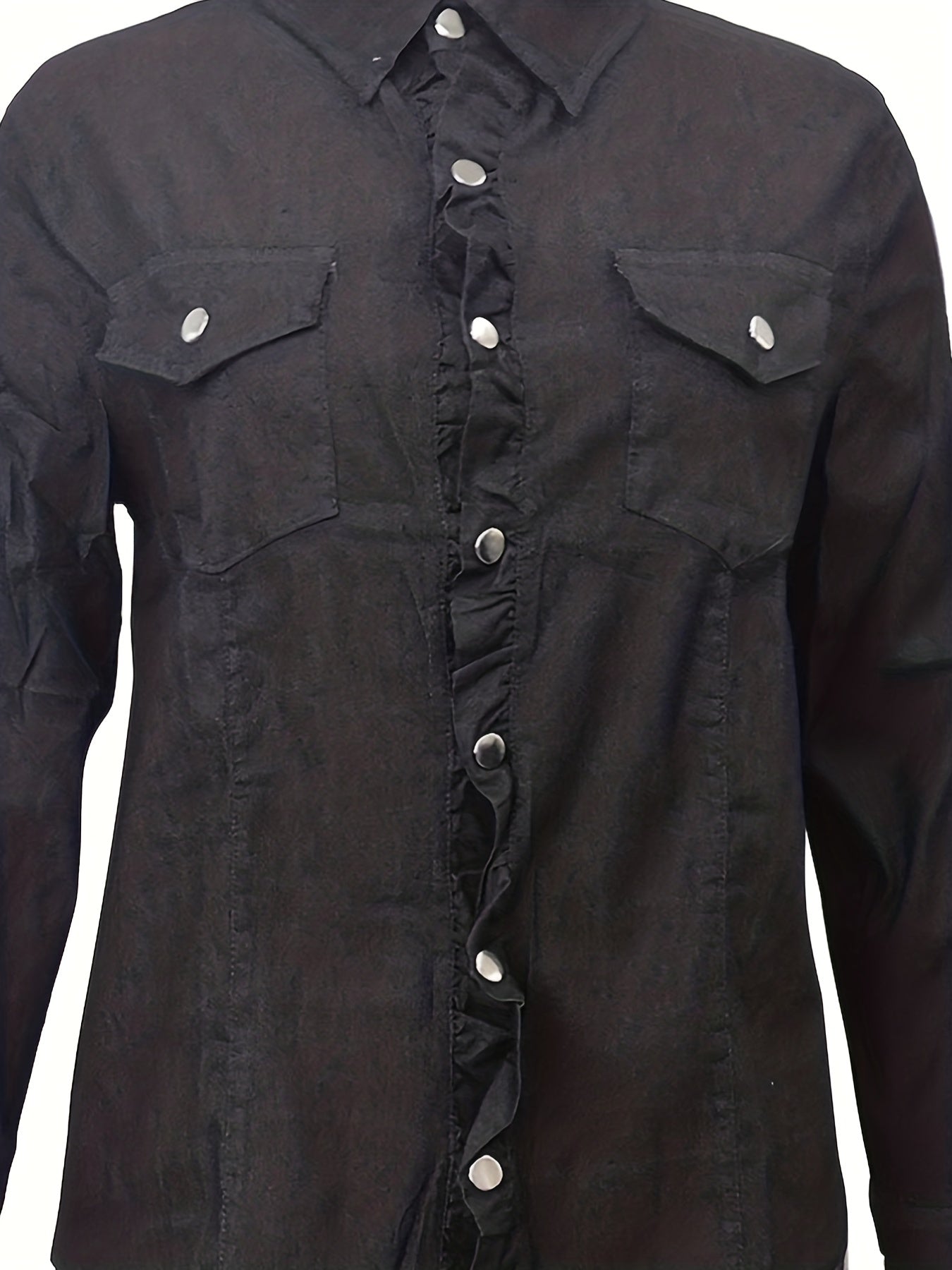 「binfenxie」Long Sleeves Denim Shirt, Single-Breasted Button Flap Pockets Non-Stretch Lapel Denim Jackets, Women's Denim Clothing