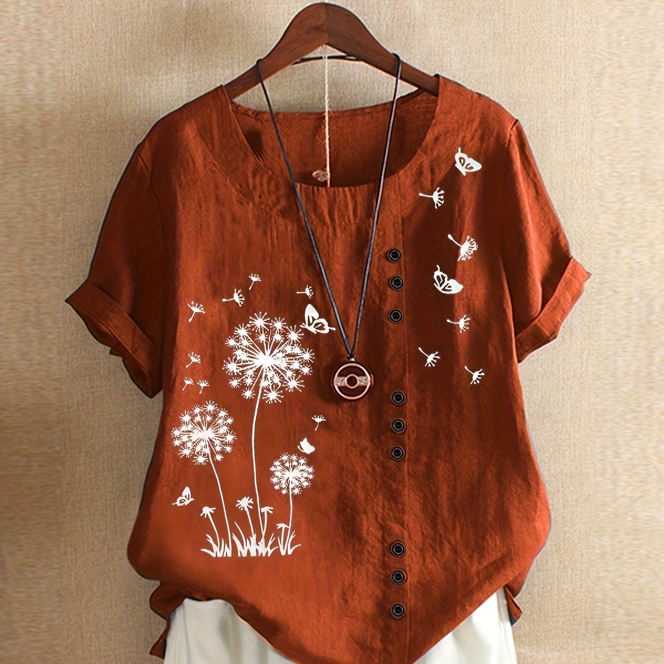 「binfenxie」Dandelion Print Blouse, Casual Crew Neck Short Sleeve Blouse For Spring & Summer, Women's Clothing