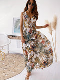 「binfenxie」Boho Tropical Print Drawstring Dress, Casual Sleeveless V Neck Slim Waist Maxi Dress, Women's Clothing