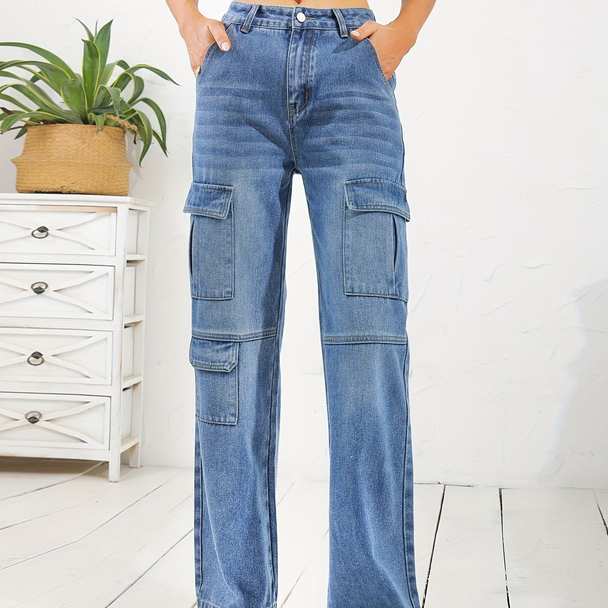「binfenxie」Flap Cargo Pocket Whiskering Denim Pants, Water Ripple Embossed Crotch Loose Straight Leg Jeans, Causal Pants For Every Day, Women's Denim Jeans & Clothing