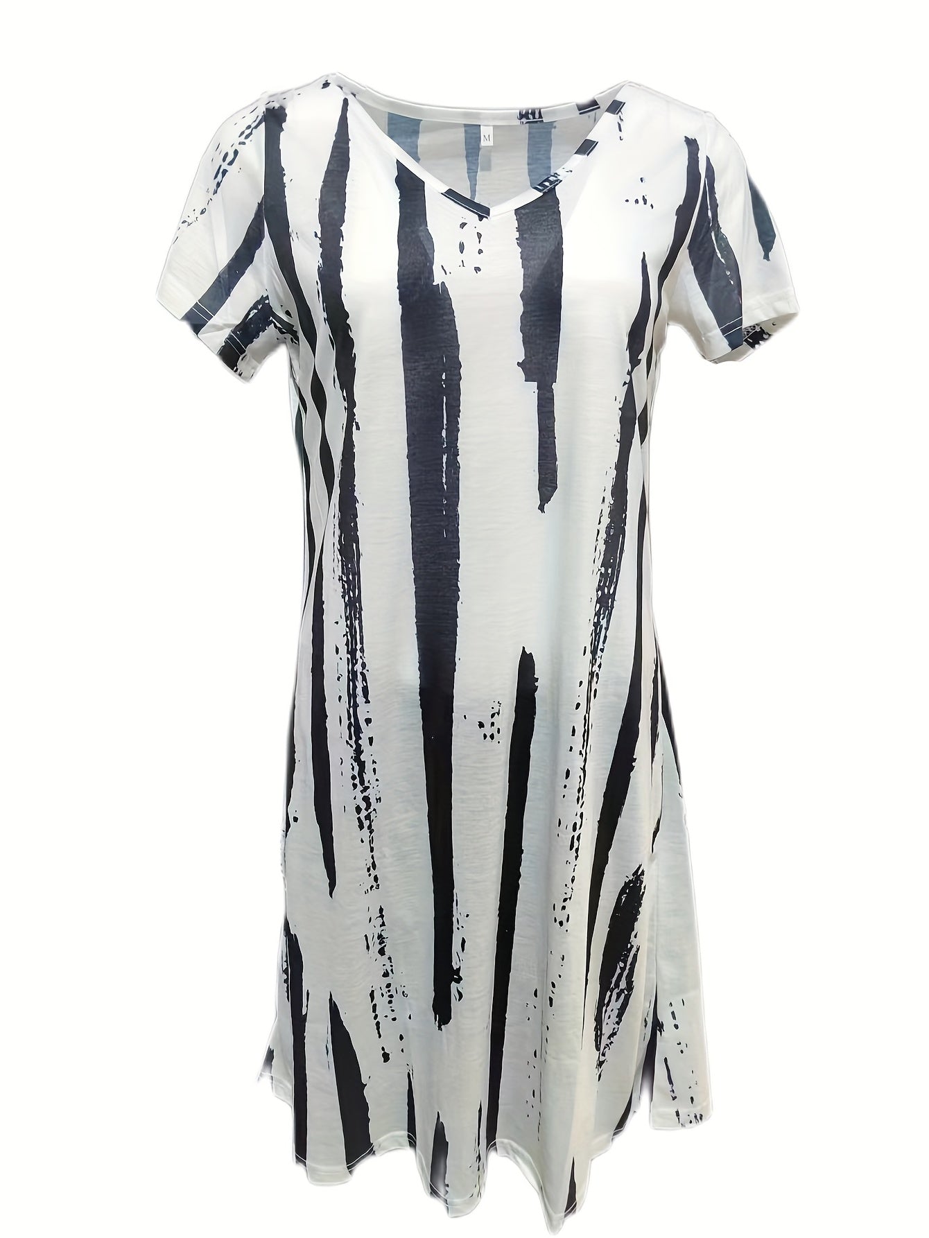 「binfenxie」Striped V Neck Dress, Casual Short Sleeve Dress For Spring & Summer, Women's Clothing