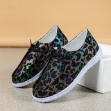 「binfenxie」Women's Leopard Print Canvas Shoes, Lightweight Lace Up Flat Shoes, Casual Slip On Shoes