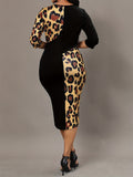 「binfenxie」Leopard Splicing Dress, Elegant Keyhole 3/4 Sleeve Slim Crew Neck Pencil Dress, Women's Clothing
