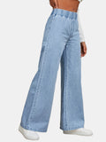 「binfenxie」Blue Wide Legs Straight Jeans, Elastic Waist Loose Fit Casual Denim Pants, Women's Denim Jeans & Clothing